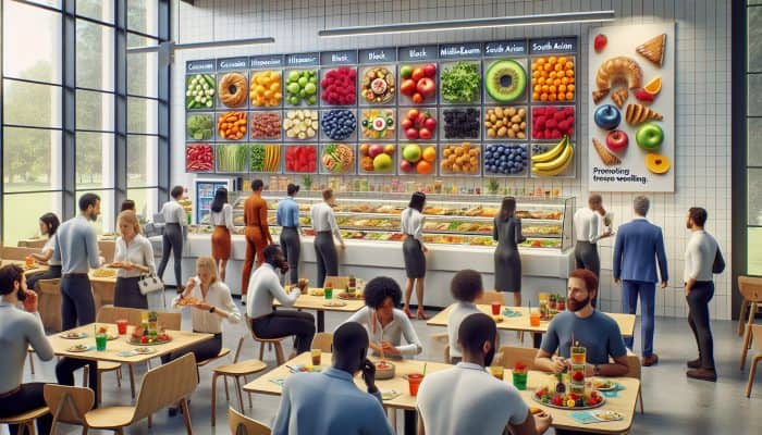 A bustling UK office cafeteria offering a variety of food choices, including salads, fruits, and pastries, along with wellness posters.