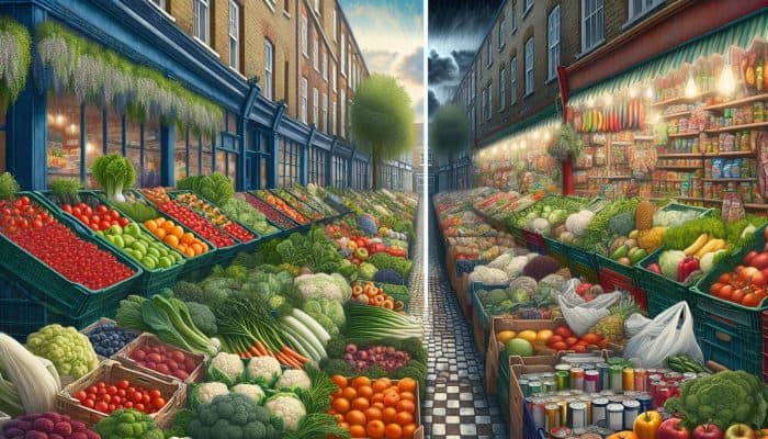Affluent UK neighbourhoods with fresh produce markets contrasted with food deserts featuring processed foods in lower socioeconomic areas.