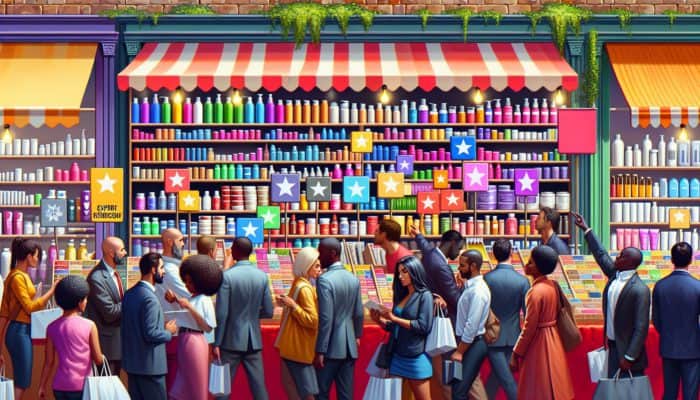 A lively UK marketplace stall showcasing affordable hair products, expert recommendations, and diverse customers browsing.