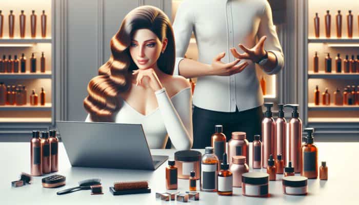 Individual with healthy hair using a laptop to explore hair care blogs and tutorials, alongside a stylist and products in a salon.