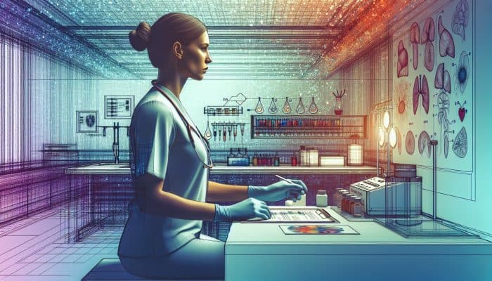 A person calmly preparing for a liver blood test in a serene medical lab with essential equipment.