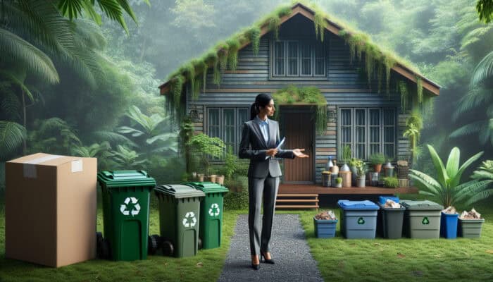 An expert discussing green waste regulations beside a cleared house with organised compost and recycling bins in a thriving garden.