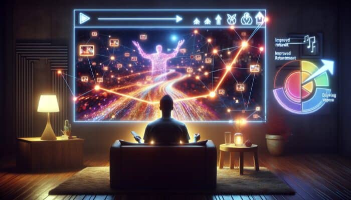 A viewer engaged with a playlist on a screen, with graphs illustrating increased retention, in a cosy room.