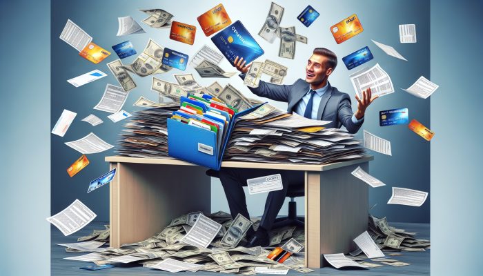 Person at desk consolidates bills and credit cards into folder, looking relieved.