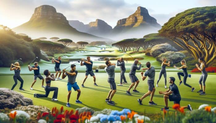South African golfers participating in a fitness program, enhancing their endurance and strength while enjoying the scenic golf courses.