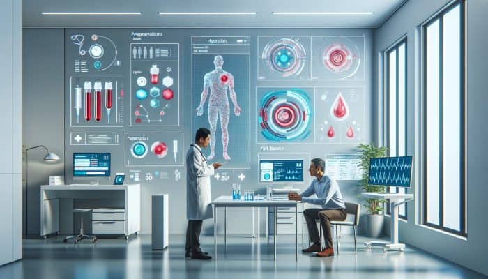 Person discussing full blood count test preparations with healthcare provider in clinic, with medical charts and hydration reminders.