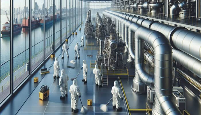 Experts in hazmat suits cleaning industrial ducts in a modern facility in Port Coquitlam.