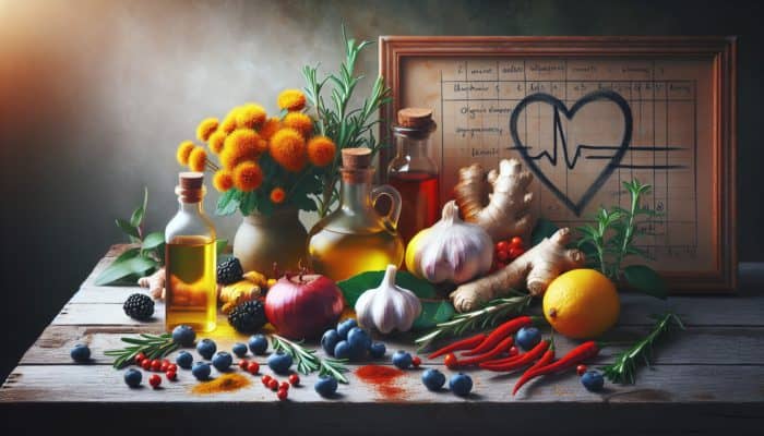 Exploring How Herbs Support Heart Health: A still life of heart-healthy herbs like hawthorn, garlic, and turmeric on a rustic table.