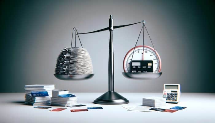 Can Debt Consolidation Boost Your Credit Fast: UK Guide | DCL A scale balancing credit cards and a loan document, with a fluctuating credit score meter in a minimalist office.