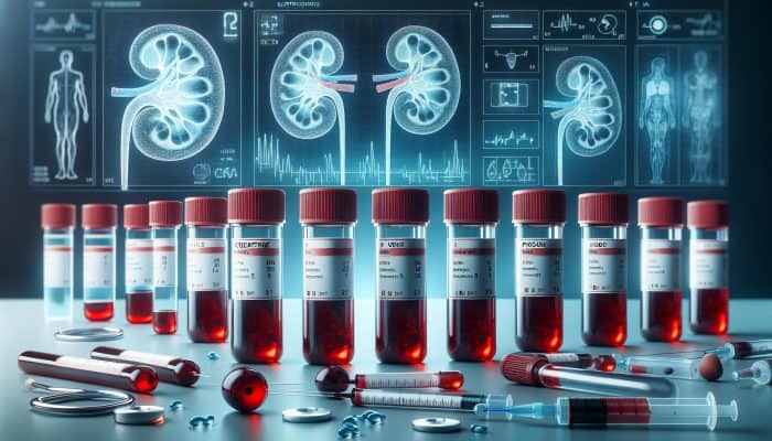 Illustration of kidney blood test vials labeled with creatinine, urea, and electrolytes, with kidney diagrams.