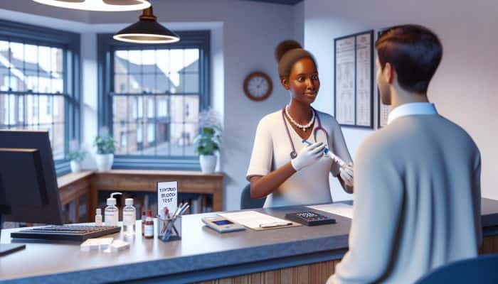 A calm medical clinic in Bath with a patient receiving a thyroid blood test from a professional healthcare worker.