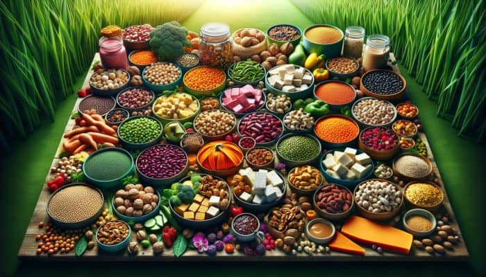 Plant-Based Proteins in Meals: Colourful table of plant-based proteins including legumes, grains, nuts, seeds, tofu, tempeh, seitan, nut butters on green background.