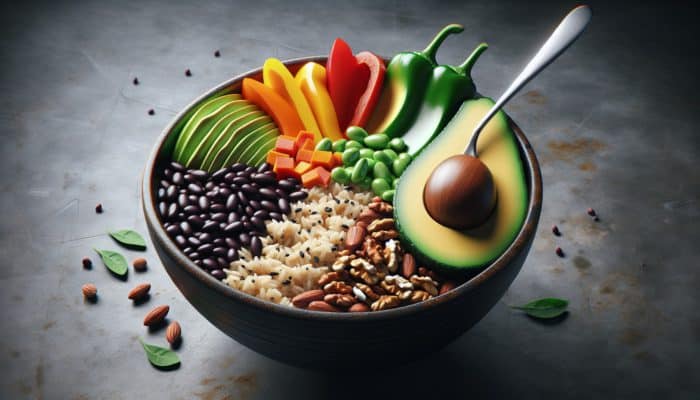 A colourful bowl with brown rice, black beans, bell peppers, avocado, and nuts, showcasing a balanced, nutrient-dense meal.