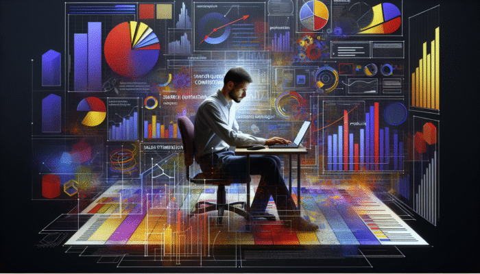 Use Content to Target Commercial Intent: A person analysing search query data on a computer, surrounded by marketing strategy documents and product images.