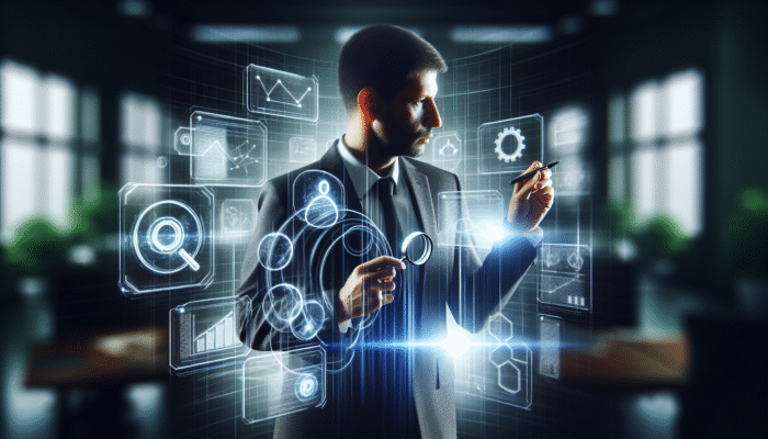 A digital marketer in a futuristic office, using screens to strategise content based on user intent, following Neil Patel's approach.