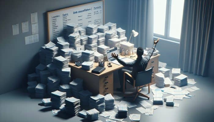 Debt Consolidation Loans With No Fees: UK Guide | DCL Debt Consolidation Loans With No Fees: A person relieved by a single loan document on a desk, replacing scattered bills, symbolising debt consolidation.