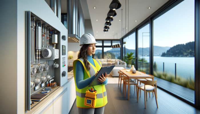 A professional inspector checking natural gas lines and appliances in a modern Port Moody home for safety and efficiency.