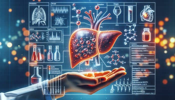 A detailed medical diagram of liver blood tests showcasing labeled enzymes, proteins, and biomarkers.