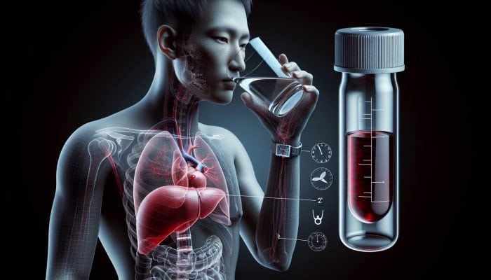 An individual drinking water, holding a clock at 12 hours, with a liver diagram and blood test vial, preparing for a liver blood test.