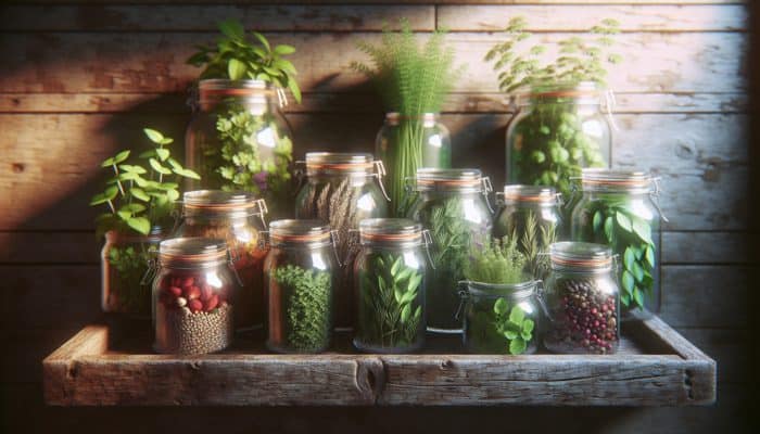 Fresh herbs in sealed glass jars on a rustic wooden shelf, showing vibrant colors and strong aromas.