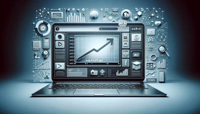 Laptop showing website with TikTok videos, graphs indicating better SEO, engagement, and rankings.