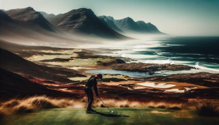 A golfer on a South African coastal course perfecting a balanced grip, enhancing control and power.