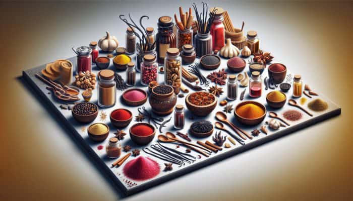 How to Cook With Rare Spices Like Saffron: An array of rare spices like saffron, vanilla beans, and black garlic in ornate containers on a gourmet kitchen counter.