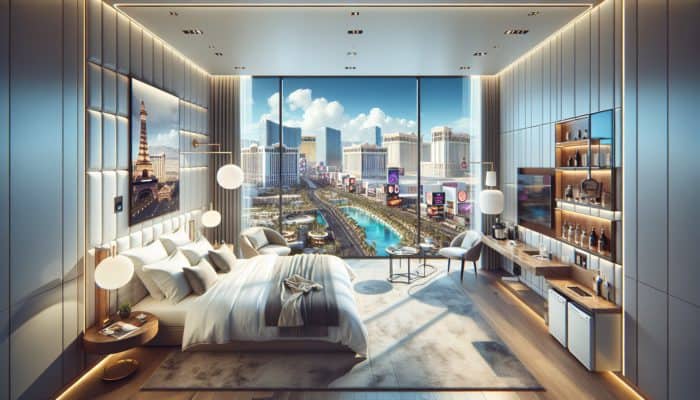 Luxurious Las Vegas hotel room featuring a king-sized bed, stunning Strip views, and modern amenities.