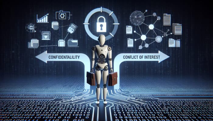 A humanoid robot at a crossroads labeled 'Confidentiality' and 'Conflict of Interest', with binary code and client files in the background.