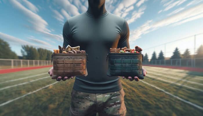 A person comparing a nylon and leather treat pouch outdoors on a training field.