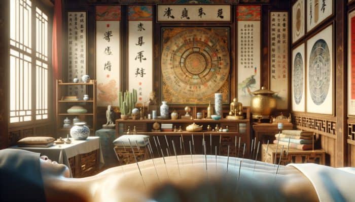 Acupuncture for Alcohol Dependency: A serene acupuncture session in a traditional Chinese setting, featuring needles and symbols of Qi energy.