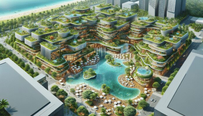 Aerial view of Ramon's Resort in 2025, showcasing eco-friendly architecture, tropical gardens, and luxury amenities.