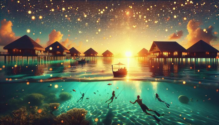 A serene Ramon's Resort during off-peak season, with fewer guests and personalised service, early bookers diving at sunrise.