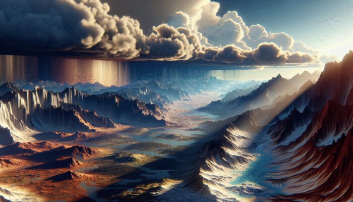 A diverse landscape showcasing mountains, valleys, plateaus, coasts, deserts, and glaciers influencing local climate.