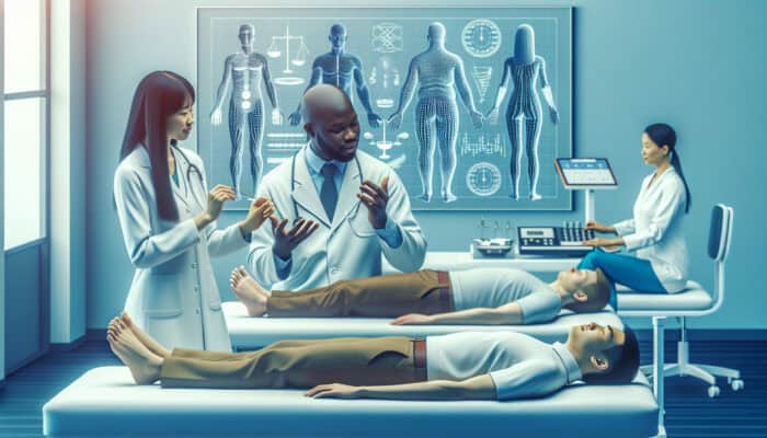 A modern acupuncture clinic with specialists discussing weight loss benefits, patients receiving treatment, and efficacy charts.