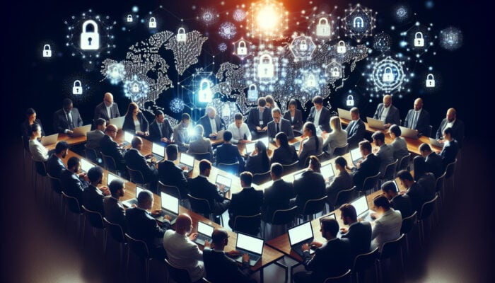 A group of professionals at a cybersecurity workshop, viewing screens with phishing examples and data management tips.