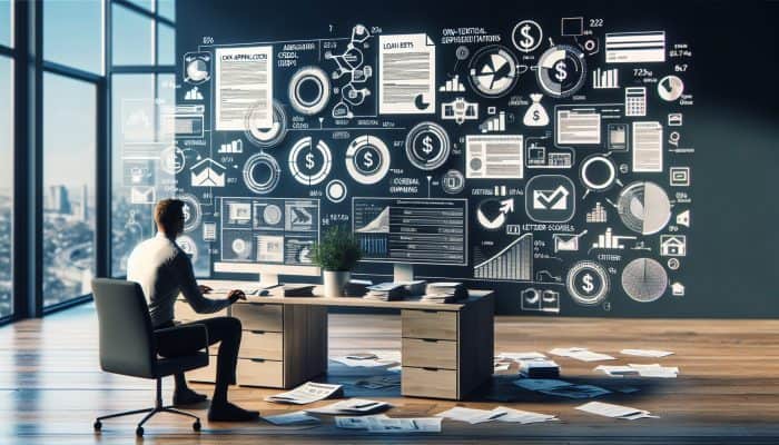 A person reviewing financial documents and debts, with loan forms and a computer showing credit scores and lender comparisons in a modern home office.