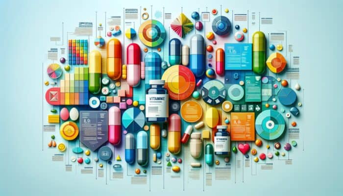 Vibrant infographic providing tips for creating content centred around supplements, featuring vitamins and capsules.