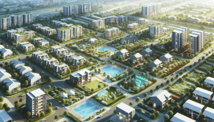 Aerial view of a modern, affordable gated community in Ladysmith featuring family-friendly amenities and expert consultation booths.