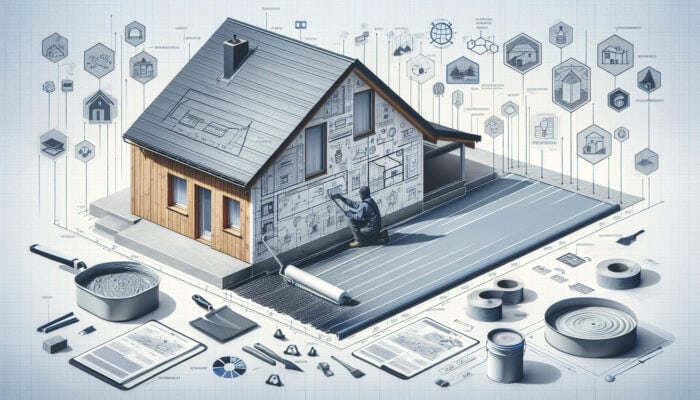 A home's foundation with a durable waterproof membrane applied to exterior walls, preventing water intrusion.