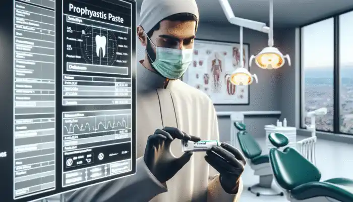 A UK dentist selecting prophylaxis paste, considering patient sensitivity, stains, fluoride, flavour, and allergies in a modern office.