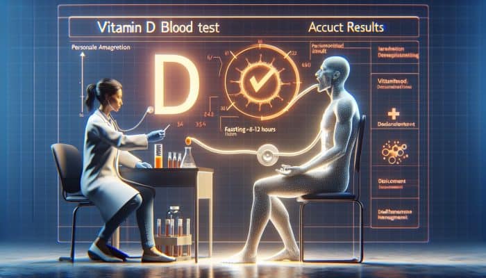 Person fasting 8-12 hours before vitamin D test, consulting healthcare provider for personalized advice on health management.