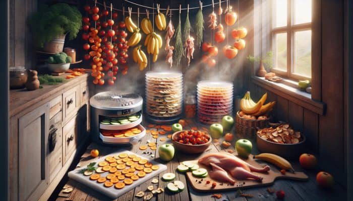 Different foods being dehydrated using sun drying, electric dehydrators, and air drying in a rustic kitchen.