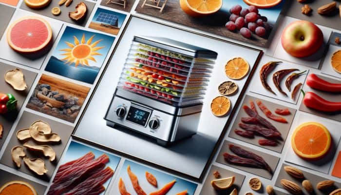 Modern electric dehydrator with precise controls, showcasing evenly dried fruits, vegetables, and jerky, contrasting traditional sun-drying.