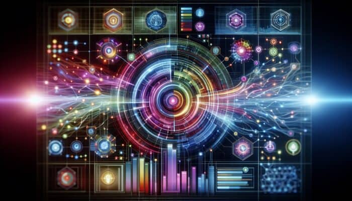 A futuristic dashboard displaying graphs, data streams, and interconnected nodes representing machine learning for analytics.