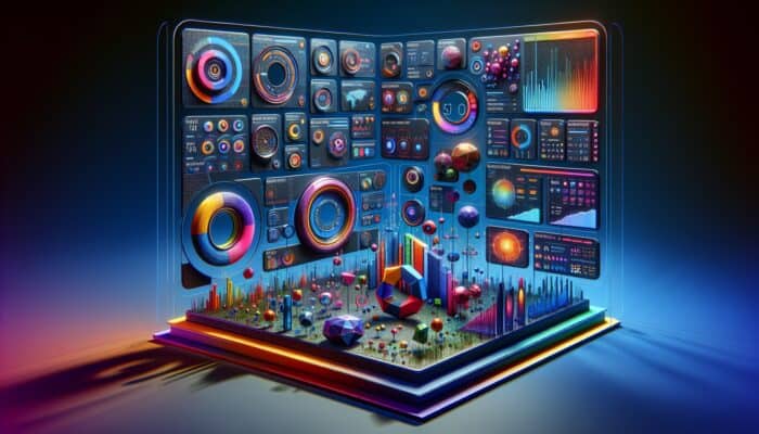 Futuristic dashboard displaying real-time ad engagement metrics with graphs and colourful visualisations.