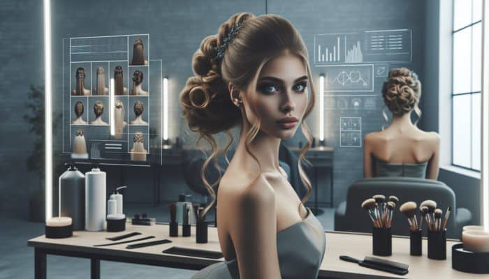 Woman with various elegant updos in a modern salon setting.