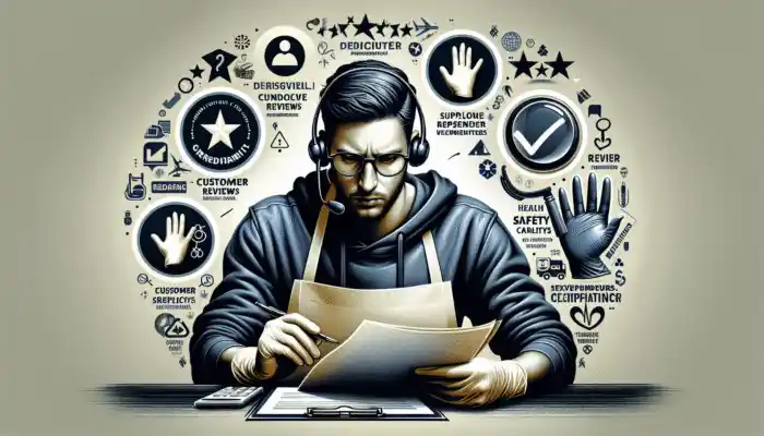 Person in Portsmouth verifying latex glove supplier credibility using reviews, certifications, and professional communication.