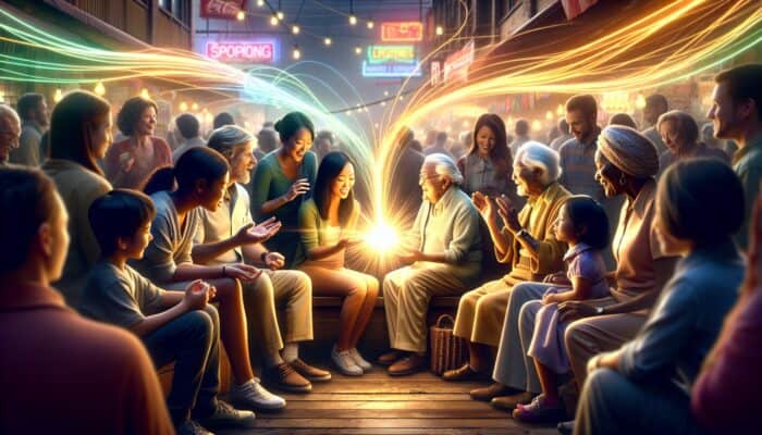 Diverse individuals sharing heartfelt stories around glowing products in a vibrant marketplace, interweaving trust and brand loyalty.