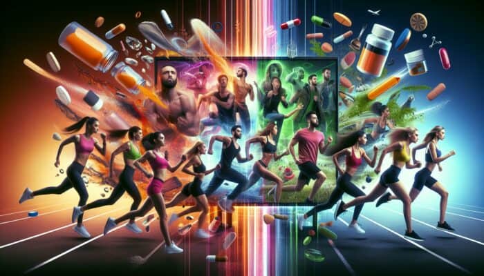 A split-screen illustration: one side shows an energetic TikTok video of individuals demonstrating swift supplement transformations; the other depicts a detailed TV scene illustrating character development through product use.